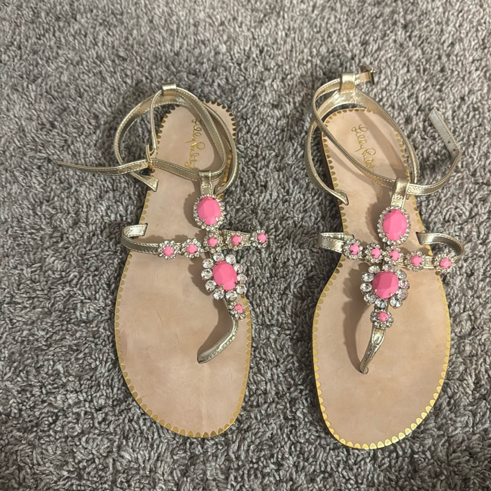 Lilly Pulitzer Katie Gold Sandals with Pink Gem Accents
